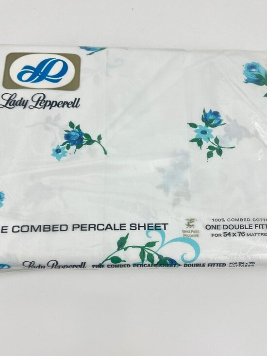 Vintage Lady Pepperell Blue Rose Double Fitted Sheet Percale 100% cotton - Picture 1 of 6